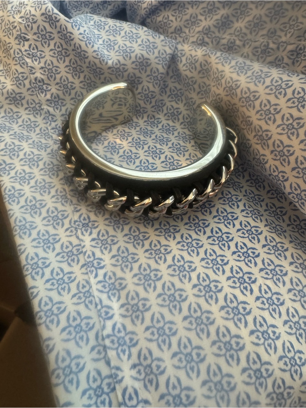 Coach Stainless Steel and Black Chain-Trim Cuff Bracelet